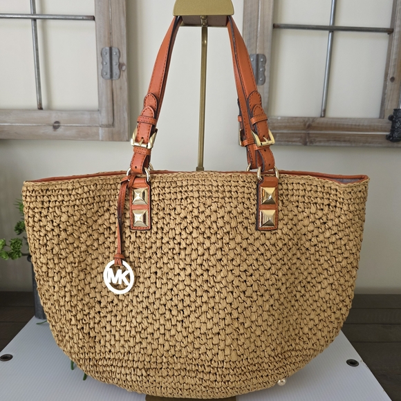 Michael Kors Handbags - Michael Kors Santorini Raffia Basket Tote Tan Straw Tangerine Leather MK Charm